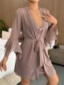 Contrast Lace Flounce Sleeve Bow Front Mesh Robe & Cami Dress PJ Set