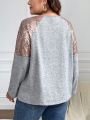 SHEIN Frenchy Women's Plus Size Sequin Patchwork Round Neck Long Sleeve T-shirt