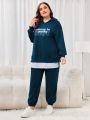 SHEIN Mulvari Ladies' Blue Letter Printed Hooded Casual Set