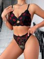 Women'S Sexy Lace Lingerie Set With Red Lips & Heart Print