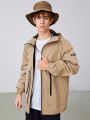 SHEIN Teen Boy Letter Patched Detail Drawstring Hooded Coat