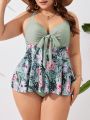 SHEIN Swim Classy Plus Size Tropical Print Spliced Knot Front Bikini Set