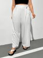 SHEIN Essnce Women's Plus Size White Long Pants With Belt, Wide Leg Pants For Spring And Summer