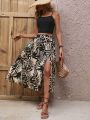 Solid Color Casual Tank Top & Printed Slit Skirt Set