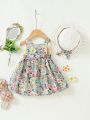 Baby Girl Floral Butterfly Bowknot Sleeveless Dress With Hat, Spring/Summer