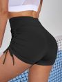 Yoga Basic Solid Drawstring Ruched Breathable Sports Shorts