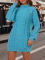 Turtleneck Raglan Sleeve Cable Knit Sweater Dress Without Belt