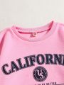 SHEIN Kids KDOMO Tween Girls' Printed Fleece Sweatshirt With English Letters