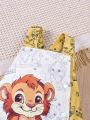 SHEIN Baby Boy Casual Daily Wear Cute Lion Pattern Color Block Denim Overalls Jumpsuit For Spring & Summer Outfits