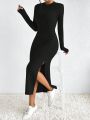 SHEIN Frenchy Ribbed Knit Split Thigh Dress