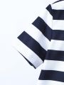 SHEIN Kids SPRTY Toddler Boys' Sporty Striped Collared Short Sleeve Polo Shirt With Letter Embroidery For Summer