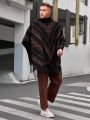 Manfinity Homme Men's Plus Size Geometric Pattern Hooded Raincoat Sweater With Batwing Sleeves And Tassel Hem