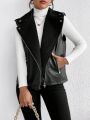 SHEIN Frenchy Teddy Lined Zip Up PU Leather Vest Jacket