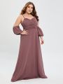 Plus Cold Shoulder Lantern Sleeve Ruched Waist Maxi Bridesmaid Dress