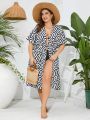 SHEIN Swim BohoFeel Plus Size 1pc Full-Printed Kimono Dress With Knot Waist Design