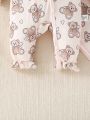 Baby Boy Cute Bear Patterned Jumpsuit With Long Sleeves And Pants, Comes With Bib, Hat And Blanket, Suitable For Home Wear