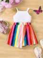 SHEIN Kids SUNSHNE Young Girl Knitted Solid Color Camisole Top & Woven Striped Loose Shorts Set