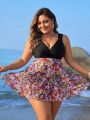 SHEIN Swim Classy Plus Size Women's Floral Pattern Splice Skirted Tankini Swimsuit