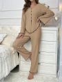 Women's Contrast Color Lettuce Edge Long Sleeve & Long Pants Pajama Set