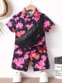 SHEIN Kids SUNSHNE Toddler Boys' Casual Holiday Style Floral Printed Outfit For Summer