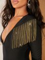 Asavvy Plunging Neck Fringe Trim Unitard Jumpsuit