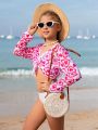 Girls' Love Heart Printed Flared Sleeve Kimono