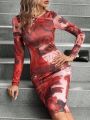 SHEIN Clasi Women's Red Printed Long Sleeve Slim Fit Dress