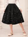 SHEIN Tween Girl Pearls Detail Plicated Skirt