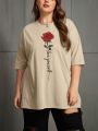 Plus Size Women'S Rose Printed Round Neck T-Shirt