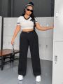 Plus Size Women's Solid Color Wide-leg Jeans With Large Pockets