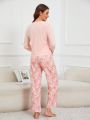 Pocket Front Long Sleeve T-Shirt And Floral Trousers Pajama Set