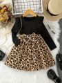 SHEIN Kids QTFun Little Girls' Leopard Printed Long Sleeve Dress With Lace Detailing