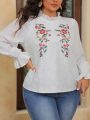 SHEIN VCAY Plus Size Floral Pattern Bell Sleeve Eyelet Embroidered Top