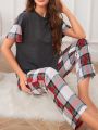 Women's Color Block Short-sleeve Plaid Long Pants Pajama Set