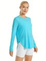 Women's Split Hem Sun Protection Long Sleeve T-shirt With Collar/light Blue