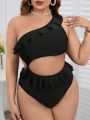 SHEIN Swim Chicsea Ladies' Plus Size One Shoulder Lace Decor Hollow Out Swimsuit