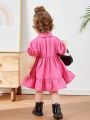 SHEIN Baby Girls' Casual Pink Puff Sleeve Turn-Down Collar Short Sleeve Dress