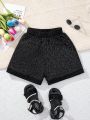SHEIN Kids SUNSHNE Girls' Beaded Loose Fit Casual Summer Holiday Shorts With Straight Leg Woven Fabric