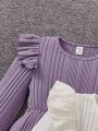 SHEIN Kids Cooltwn Girls' 2pcs Clean Color Ruffle Trim Decor Long Sleeve T-Shirt