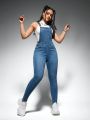 1pc Slim Fit Denim Suspender Jumpsuit With Diagonal Pocket