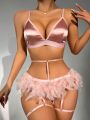 SHEIN Ladies Feather Patchwork Sexy Lingerie Set