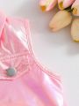 SHEIN Kids Y2Kool Young Girl's Sun Protection Sleeveless Jacket And Denim Inspired Pink Diamond Printed Skirt Set