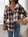 SHEIN LUNE Plaid Hooded Button Front Shirt