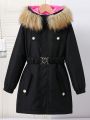SHEIN Kids FANZEY Girls' Fashionable Long Coat With Fur Collar