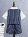SHEIN Kids FANZEY Little Boys' Striped Vest, Short Sleeve Shirt And Shorts Outfit