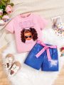 Toddler Girls' Elegant Beautiful Casual Short Sleeve T-Shirt And Denim Look Shorts Set For Summer Daily Wear And Party
