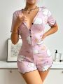 Cartoon Printed Short Sleeve Romper Pajamas