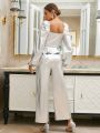 SHEIN BAE Women's Long Sleeve Square Neck Top + Pants Two Piece Set