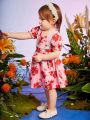 Summer Baby Girls' Rose & Lace Patchwork Printed Dress With Lace Hem, Suitable For Parties And Daily Wear