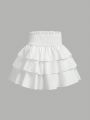 SHEIN Kids EVRYDAY Tween Girl's Waist Gathering Trimmed With Ruffles, Bowknot Decor, Cute Cake Skirt With Splicing Design